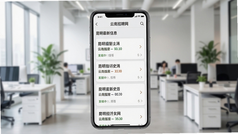 云南招聘网 手机端职位列表页面 展示昆明最新招聘信息 屏幕中显示多个职位卡片 背景为现代办公场景 清新明亮风格