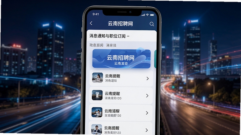 云南招聘网 消息通知与职位订阅界面 手机屏幕显示推送提醒列表 背景为城市夜景 科技感光影效果
