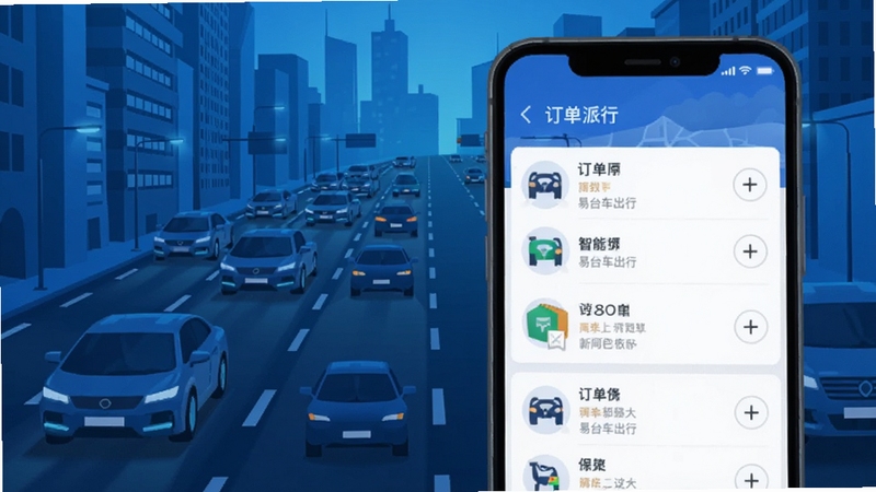 易台车出行司机端APP界面展示智能派单地图与订单列表,手机屏幕特写,背景为城市道路与车辆,科技感蓝色调,扁平化设计风格