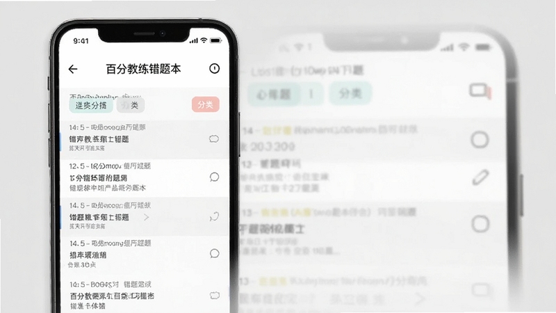 百分教练错题本功能界面,手机屏幕展示错题列表与分类标签,背景为白色与浅灰色搭配,界面简洁,适配Boogu模型生成