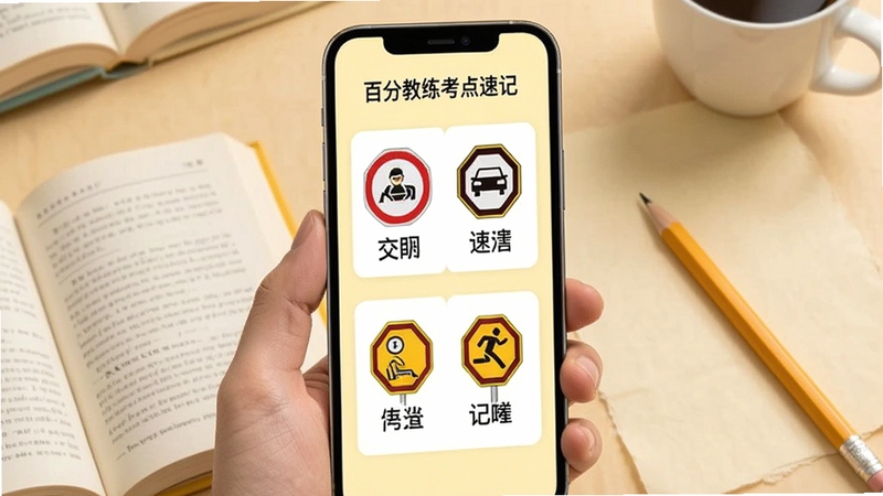 百分教练考点速记页面,手机屏幕显示交通标志图解与记忆口诀,背景为淡黄色护眼色调,画面中有书本与铅笔元素,适配Boogu模型生成