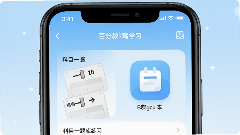 百分教练驾考学习应用主界面展示,手机屏幕居中,背景为浅蓝色渐变,屏幕内显示科目一题库练习界面与错题本图标,整体风格清新明快,适配Boogu模型生成