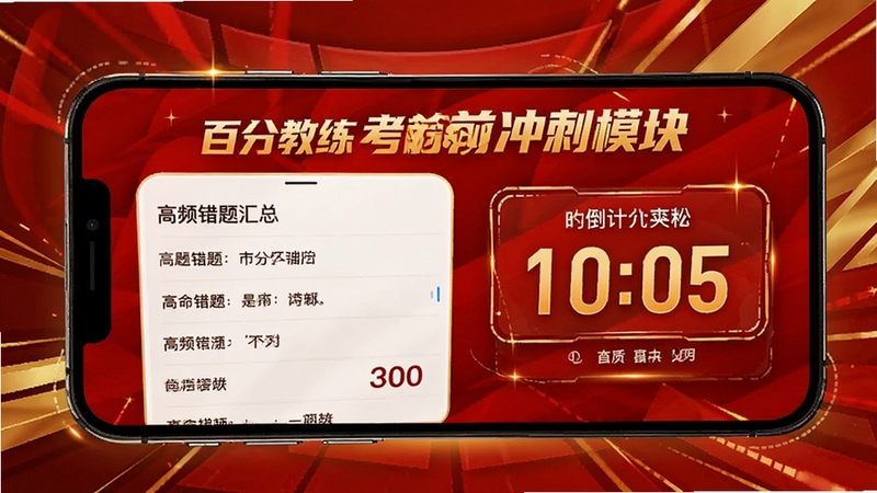 百分教练考前冲刺模块界面,手机屏幕显示高频错题汇总与倒计时提示,背景为红色与金色搭配,画面具有紧迫感与激励感,适配Boogu模型生成