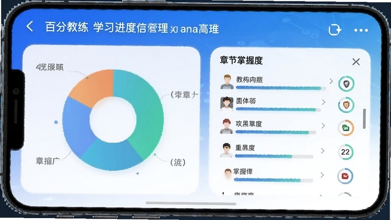 百分教练学习进度管理界面,手机屏幕展示饼状图与章节掌握度列表,背景为蓝白渐变,界面具有科技感,适配Boogu模型生成
