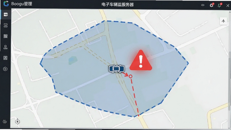 GPS������ط���������Χ����������ʾ��ͼ����ͼ����ʾ�����Χ������һ������ͼ�����ڴ�Խ�߽��ߣ��Ա߳��ֺ�ɫ������ʾͼ�꣬����Ϊ���ļ�ع������棬����Booguģ������