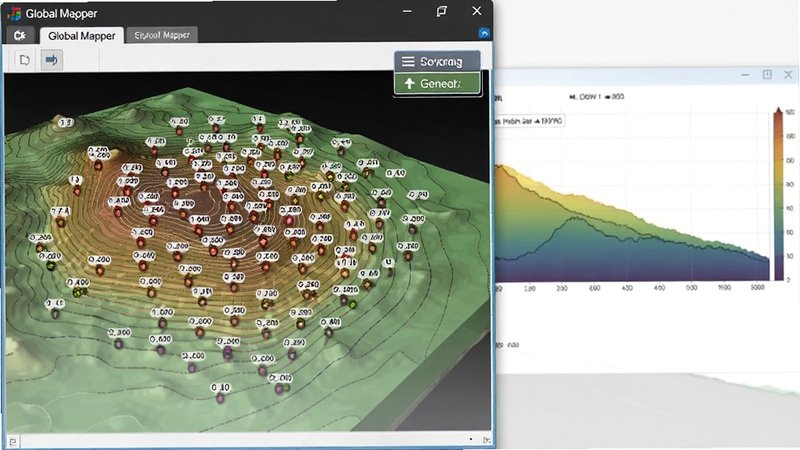 ��������ʾ Global Mapper ���ڴӵ���ģ������ȡ�̵߳㣬��Ļ��ɢ����������߳���ֵ��СԲ�㣬�Ա��еȸ������ɰ�ť������Ϊ��������ͼ������չʾ�̵߳���ȡ���̡�