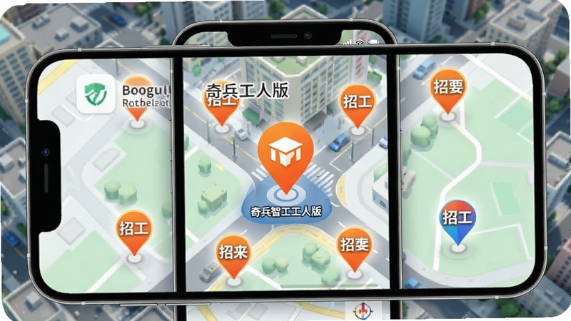 手机屏幕展示地图界面,地图上散布多个招工标记点,画面中心是奇兵智工工人版的定位图标,背景为城市街区俯视图,色调清新明亮,突出精准推荐功能,细节清晰,适配Boogu模型生成