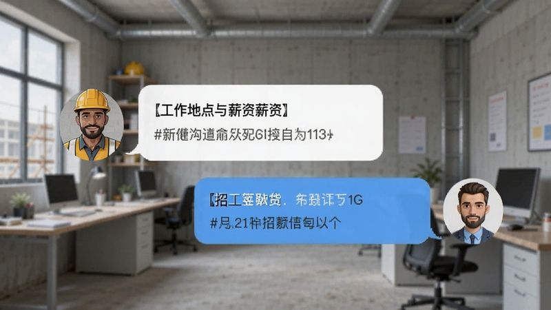 画面展示手机聊天界面,左侧是工人头像,右侧是招工方头像,对话气泡中显示工作地点与薪资信息,背景为简洁的工地办公室,突出沟通便捷性,风格写实,适配Boogu模型生成