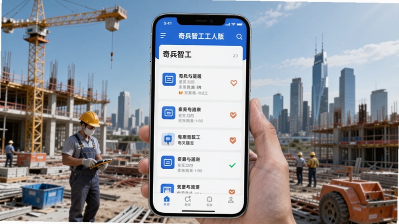 画面主体为一部竖屏智能手机,屏幕显示奇兵智工工人版APP的招工信息列表界面,背景区域是明亮的建筑工地与城市天际线,风格为写实科技感,突出蓝领工人使用手机找工作的场景,画面整洁,色彩以蓝色和橙色为主,适配Boogu模型生成