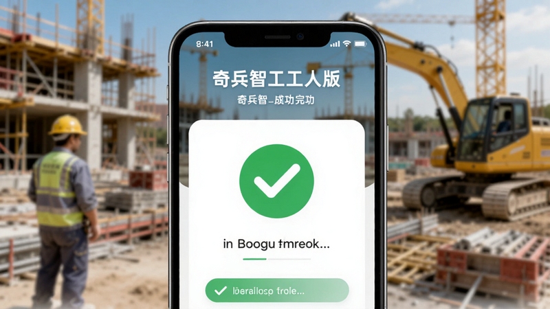 手机屏幕展示奇兵智工工人版接单成功页面,界面中央有绿色对勾图标,背景为模糊的工地场景,突出操作完成感,风格简洁明快,适配Boogu模型生成