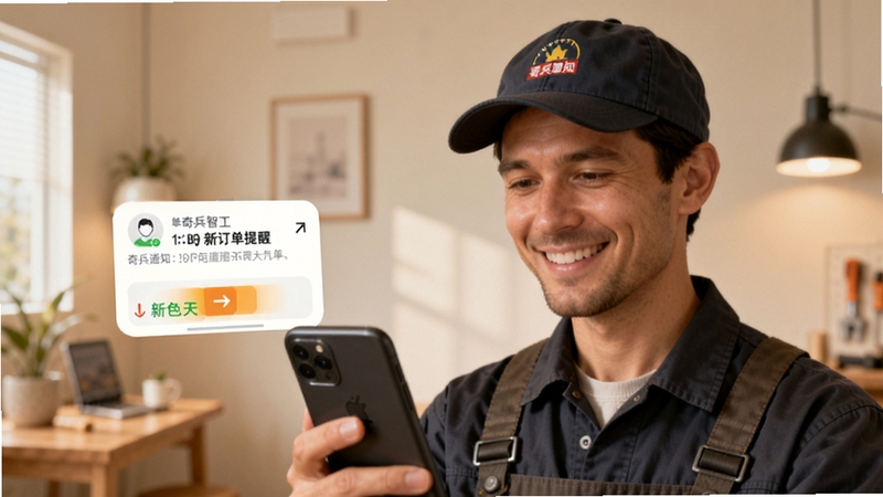 奇兵智工APP消息通知界面,手机弹出新订单提醒,工人面带微笑查看,背景是简洁的室内环境,暖色调