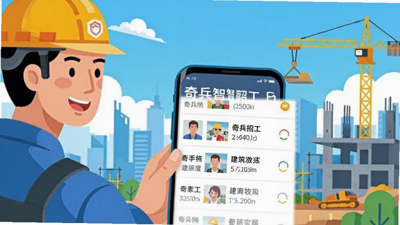 奇兵智工APP首页展示附近招工信息列表,建筑工人查看手机屏幕,背景是城市工地与蓝天,扁平化插画风格,色彩明亮