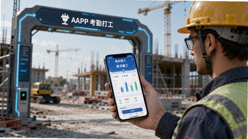 奇兵智工APP考勤打卡界面,工人用手机对准工地入口签到,界面显示工时统计图表,科技感与实用感结合