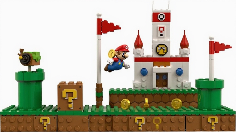 乐高超级马力欧 LEGO Super Mario 积木拼搭关卡全景 包含绿色管道 棕色问号砖块 红色旗杆 终点城堡 马力欧人偶正在跳跃收集金币 画面充满童趣与活力