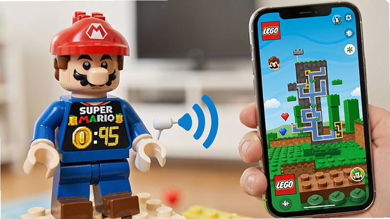 乐高超级马力欧 LEGO Super Mario 实体人偶通过蓝牙连接手机应用 人偶LED屏显示金币数字 手机屏幕同步显示关卡地图 画面呈现科技与积木融合的趣味感