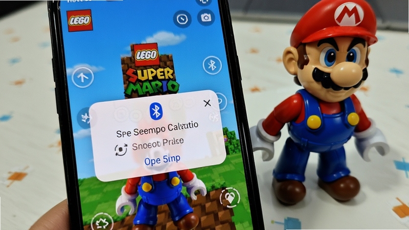 乐高超级马力欧 LEGO Super Mario 手机蓝牙设置界面与应用连接提示 画面展示手机屏幕上的蓝牙配对弹窗 旁边放置马力欧人偶 背景为简洁桌面