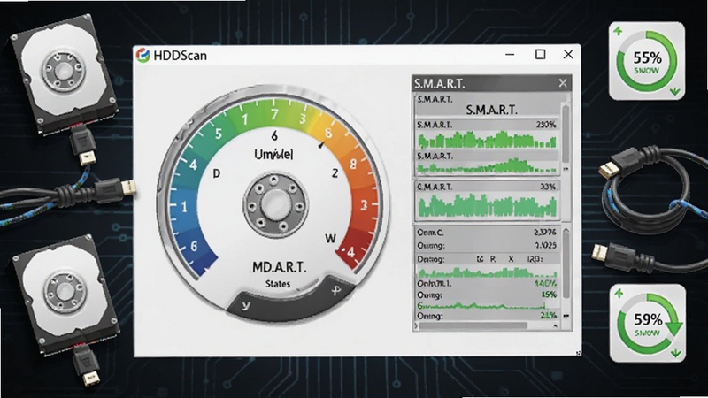 HDDScan����������ȫò������չʾӲ�̼���Ǳ�����S.M.A.R.T.״̬��壬����Ϊ��ɫ�Ƽ������棬��Χ����Ӳ�̡������ߡ������Ȱٷֱ�ͼ�꣬��������������ϸ�ڷḻ���ʺ�����վչʾ