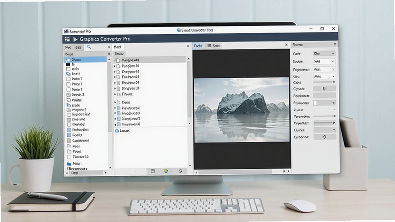 Graphics Converter Pro 软件主界面全景展示,画面中央为软件操作窗口,左侧为格式列表与文件队列,右侧为预览区与参数设置面板,背景为整洁的浅色办公桌面环境,整体风格简洁专业,突出图像转换软件的核心功能全貌