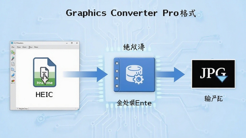 Graphics Converter Pro 格式转换操作流程图,画面展示从左侧 HEIC 文件拖入软件窗口,经过中间处理引擎,到右侧输出为 JPG 格式的完整流程示意,背景为淡蓝色科技风格,各环节配有简洁图标标注