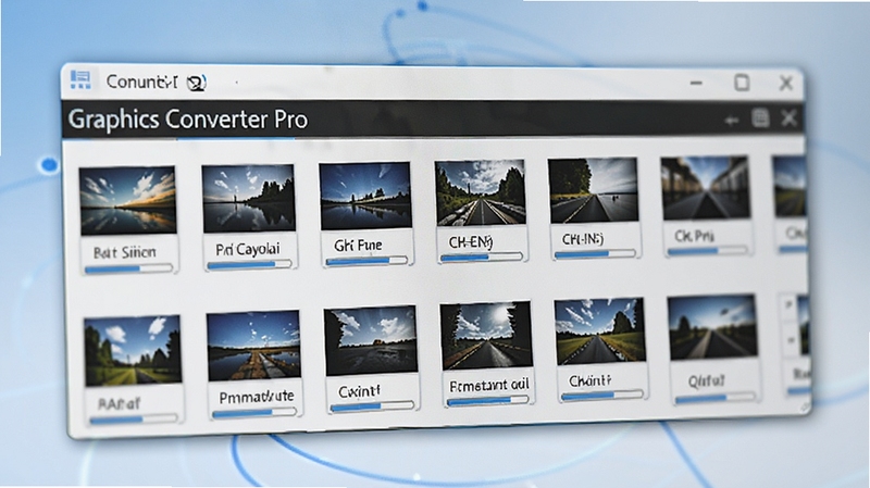 Graphics Converter Pro 批量转换功能界面特写,画面展示软件窗口中排列整齐的图片缩略图队列,每张图片下方显示格式标签与转换进度条,背景为柔和的蓝白渐变色调,突出高效批处理的科技感