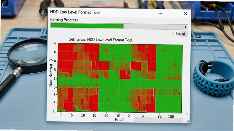 HDD Low Level Format Tool 软件运行截图,屏幕上显示进度条和坏道分布图,红色区块代表损坏扇区,绿色代表正常,背景是维修工作台,有放大镜和防静电手环,画面清晰明亮,突出工具的专业检测能力