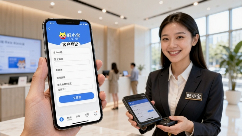 旺小宝App客户登记界面特写,手机屏幕显示表单填写页面,旁边有置业顾问手持设备微笑接待客户,售楼处背景虚化,明亮清新风格