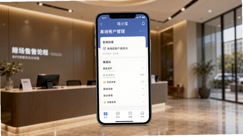 画面中央展示一部智能手机,屏幕显示旺小宝App的案场客户管理界面,背景为现代房地产售楼处前台场景,暖色调灯光,简洁商务风格,高清细节,适配Boogu模型生成