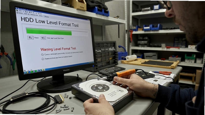 一张电脑维修人员正在使用HDD Low Level Format Tool对硬盘进行低格操作的场景图,屏幕上显示进度条和警告提示,桌面上散落着SATA线和螺丝,背景是维修店货架,风格真实自然