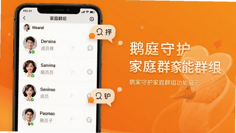 ����ػ���ͥȺ�鹦��չʾ������Ϊ�ֻ���Ļ��ʾ��ͥȺ���б����Աͷ�񣬱���Ϊ��ů�ĳ�ɫ���䣬����֪ͨ��������Ԫ�أ����ּ�ͥ�����밲ȫ�ػ����⣬�ʺ�������������ͼ