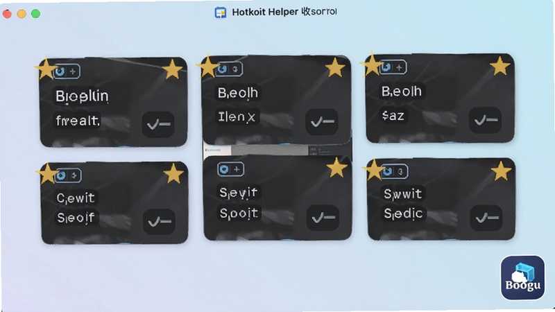 Hotkey Helper 收藏夹管理界面,展示多个快捷键卡片,卡片带有星标标记,背景为浅色渐变,主体位于画面中心,右下角带有软件 Logo,适配 Boogu 模型生成
