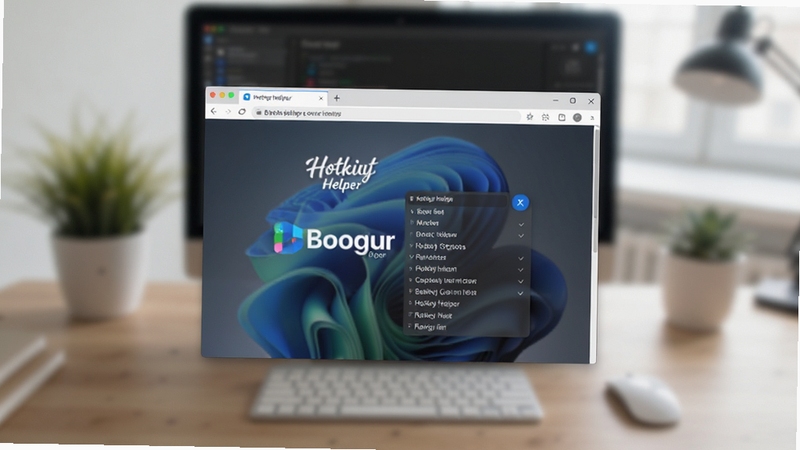 Hotkey Helper 智能识别浏览器窗口并弹出快捷键列表,界面风格现代简洁,主体位于屏幕中央,背景为模糊的办公桌面,突出软件名称标识,适配 Boogu 模型生成