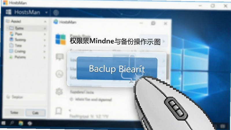 HostsMan 软件在 Windows 系统下的权限设置与备份操作示意图,画面主体为鼠标点击备份按钮的特写,背景为模糊的软件界面,突出安全操作流程