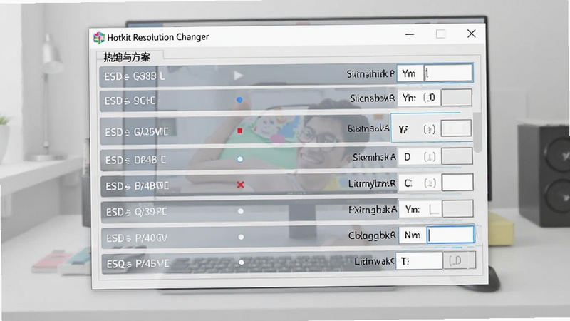 Hotkey resolution changer 软件中分辨率方案列表与热键绑定设置界面,画面展示多个分辨率条目排列整齐,每个条目右侧有快捷键输入框,背景为浅灰色办公桌面风格,画面清晰明亮