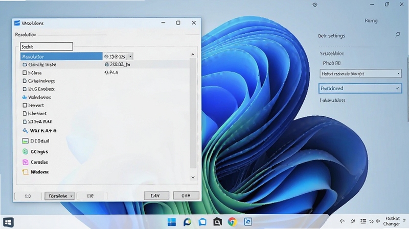 Hotkey resolution changer 软件在Windows 11系统上的运行截图,画面展示软件窗口与系统设置界面并排显示,窗口内分辨率列表清晰可见,背景为Windows 11默认蓝色壁纸,整体风格干净整洁