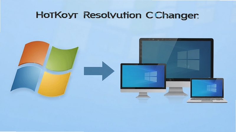 Hotkey resolution changer 软件运行时的系统兼容性示意图,画面左侧为Windows操作系统标志,右侧为不同尺寸显示器与笔记本电脑,中间以箭头连接,背景为淡蓝色渐变,整体风格扁平化科技感