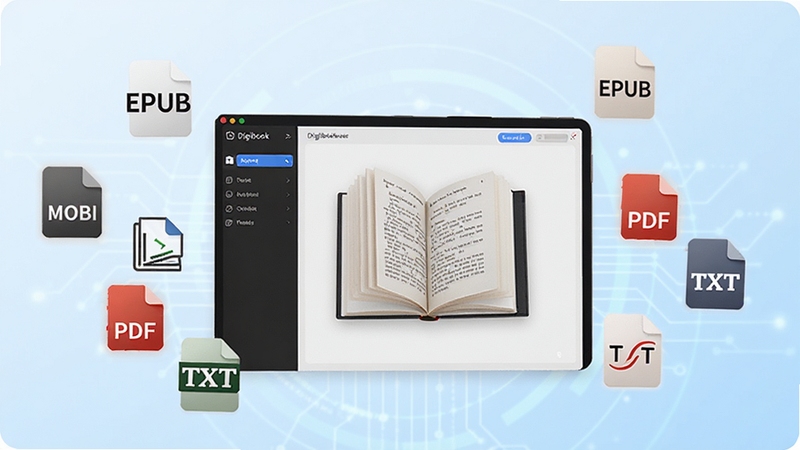 Digibook�Ķ������ʽ���ݹ���չʾͼ��������Ư����EPUB��MOBI��PDF��TXT�ȸ�ʽͼ�껷��������������Χ������������ʾһ���򿪵��飬����Ϊ����ɫ�Ƽ��н��䣬���������ͻ����ʽ�������������