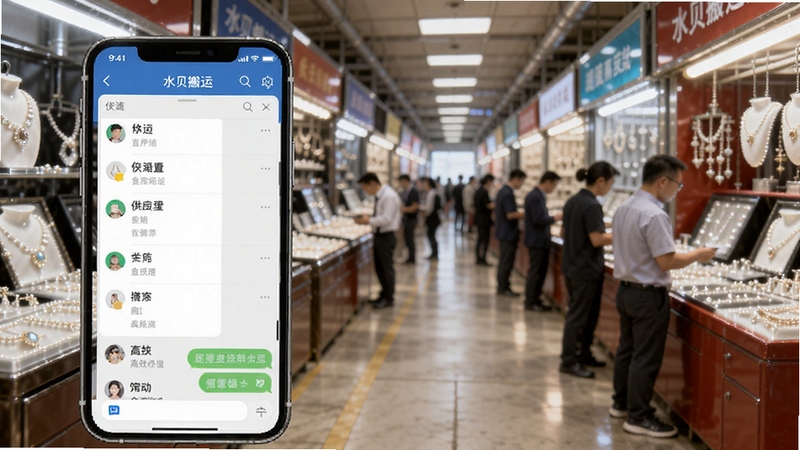 水贝搬运工供应商直连功能界面,画面主体为手机屏幕显示供应商列表与聊天窗口,背景为繁忙的珠宝交易市场走廊,光线明亮,展现高效沟通的采购场景