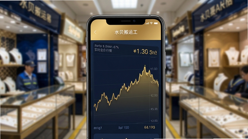 水贝搬运工软件界面展示实时金价行情图表,画面主体为手机屏幕中显示的金色价格曲线与数字,背景为简洁的珠宝交易市场虚化场景,整体色调以金色和深蓝色为主,突出专业金融感