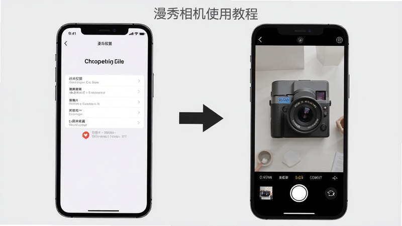漫秀相机使用教程示意图,画面左侧为手机权限设置界面,右侧为漫秀相机拍摄界面,中间用箭头连接,背景为浅灰色,风格简洁直观,突出安装与权限配置步骤