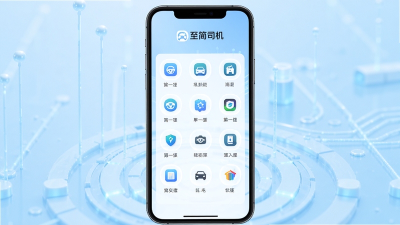 至简司机软件主界面全貌展示,手机屏幕居中放置于画面中央,背景为浅蓝色渐变科技感风格,界面简洁清爽,图标排列整齐,顶部显示至简司机logo,整体画面明亮干净,适配Boogu模型生成