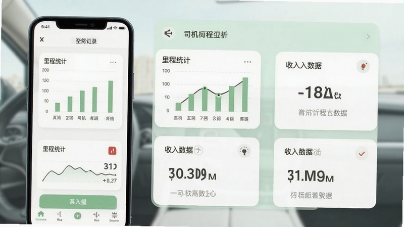 至简司机行程记录页面展示,手机界面显示里程统计图表与收入数据,画面采用扁平化设计风格,背景为白色与淡绿色搭配,数据卡片清晰排列,整体视觉清爽舒适