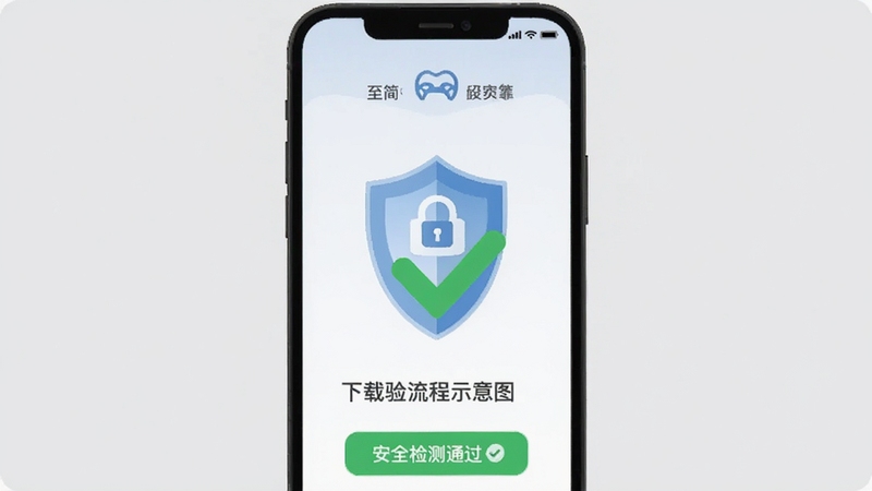 至简司机安全下载验证流程示意图,手机屏幕显示安全检测通过界面,画面中有盾牌图标与绿色对勾标识,背景为浅灰色简约风格,突出安全可靠感