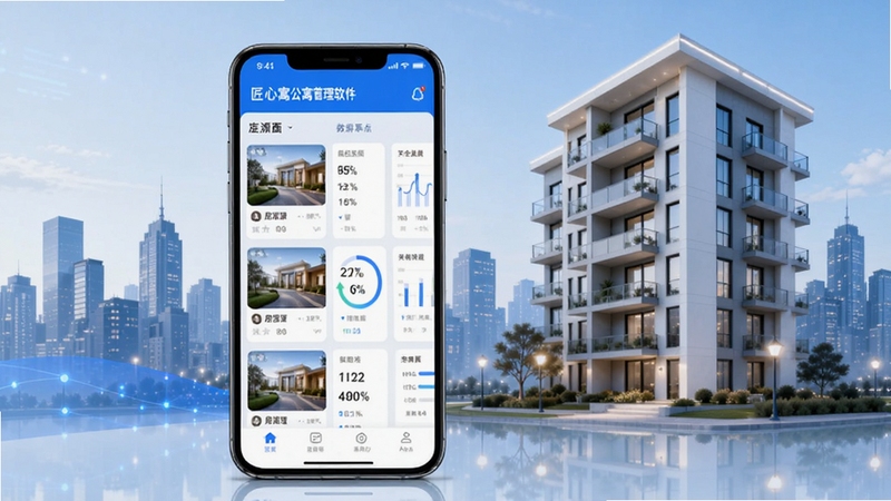 匠心寓公寓管理软件主界面清爽展示,画面中心为手机屏幕呈现房源列表与数据看板,背景区域为现代公寓楼与城市剪影融合,整体色调蓝白相间突出科技感与居住温馨感