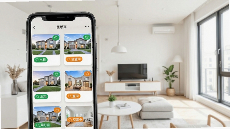 匠心寓软件界面展示房源状态实时同步功能,手机屏幕显示多套房源卡片,绿色标签代表已出租、橙色标签代表空置中,背景为简约的公寓内部实景,画面明亮整洁