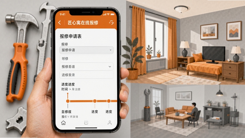 匠心寓在线报修工单追踪界面,手机屏幕展示报修申请表单与进度时间轴,背景区域为维修工具与公寓房间的插画风格融合,色调以橙色和灰色为主体现工单处理的专业感