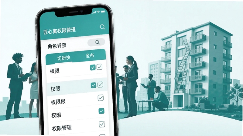 匠心寓多角色权限管理界面,手机屏幕显示角色切换与权限勾选列表,背景为团队协作剪影与公寓楼轮廓,色调以青绿色和白色为主,体现协同高效