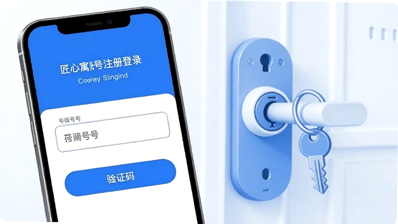 匠心寓账号注册登录界面,手机屏幕显示手机号输入框与验证码按钮,背景为简约的公寓门锁与钥匙插画,色调以蓝色和白色为主,突出安全便捷