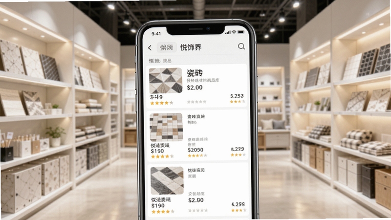 悦饰界 建材商品库界面,手机屏幕显示瓷砖分类列表,每件商品配有缩略图、名称、价格和评分,背景为明亮的家居建材展厅,货架整齐,灯光柔和,画面干净清爽