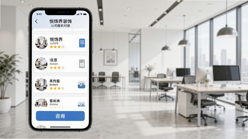 悦饰界 装饰公司服务对接界面,手机屏幕显示装饰公司列表,包含公司名称、评分、案例数量与咨询按钮,背景为现代办公环境,简洁明亮