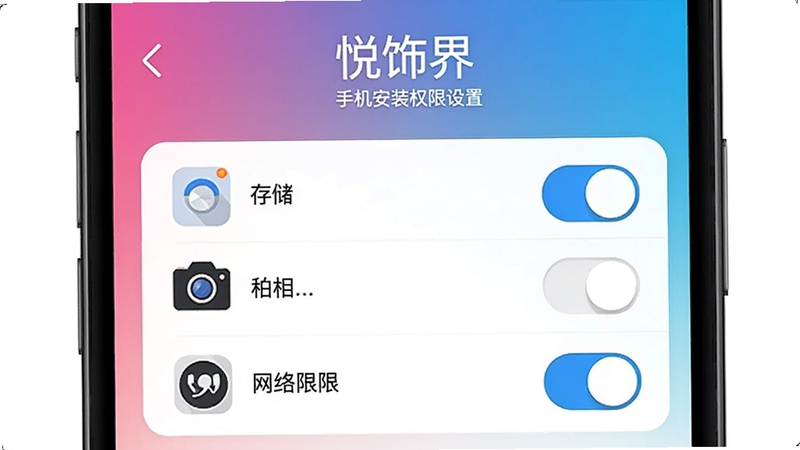 悦饰界 手机安装权限设置界面,手机屏幕显示应用权限管理页面,存储、相机、网络权限开关清晰可见,背景为纯色渐变,图标简洁,适合Boogu模型生成